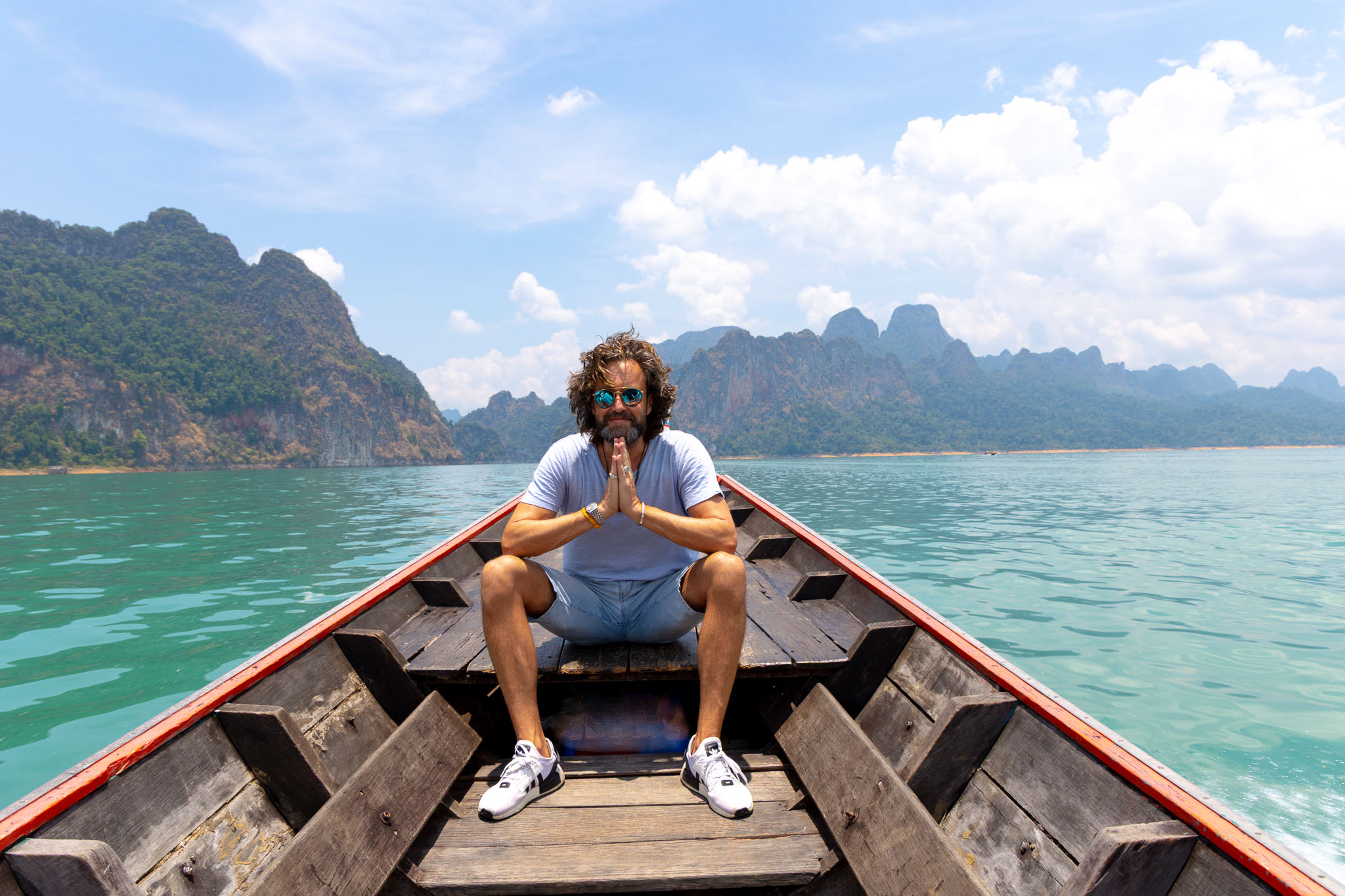 Loek van Doorn on longtail boat, Khao Sok, Thailand